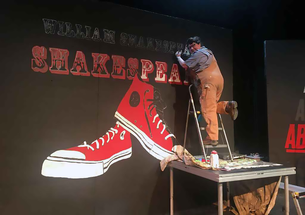 Image, Julie Raven Smart works on the set of The Complete Works of William Shakespeare, Abridged.