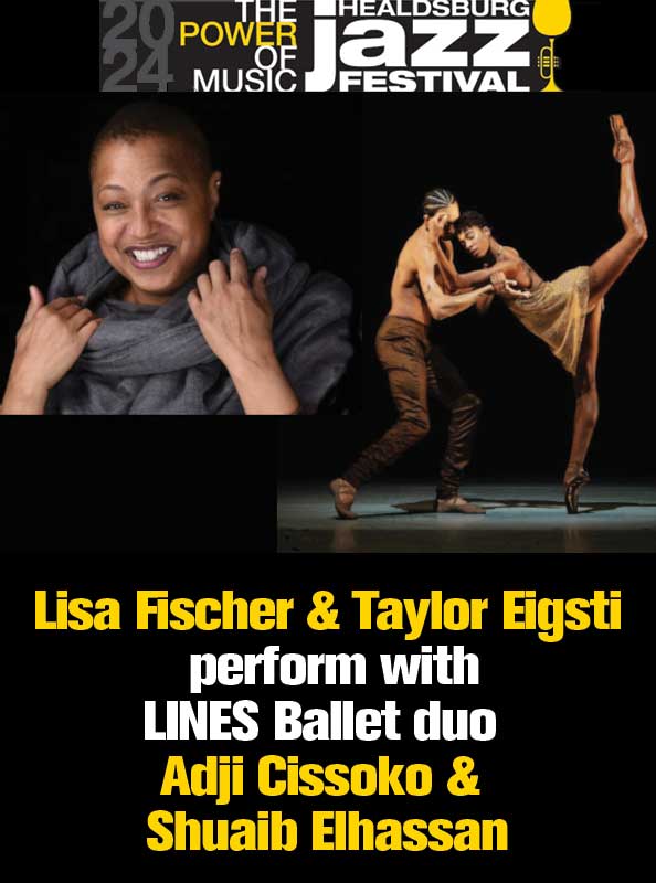 Poster for show: Lisa Fischer & Taylor Eigsti, featuring LINES Ballet duo Adji Cissoko & Shuaib Elhassan