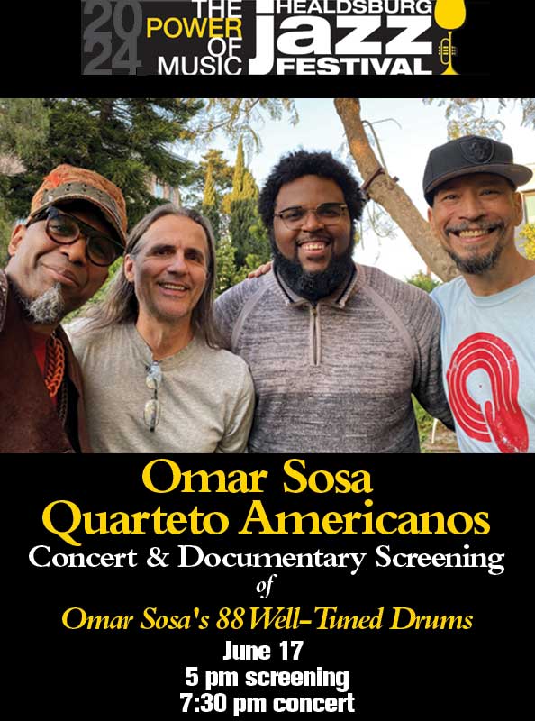 Poster for Omar Sosa Quarteto Americanos concert and documentary screening.