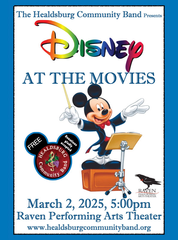 Healdsburg Community Band performs a free concert on March 2nd, Disney at the Movies!